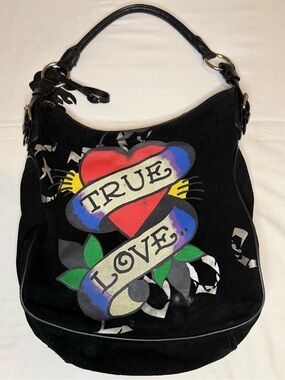 Ed Hardy Black Suede Hobo Bag True Love/Skulls Tattoo Art